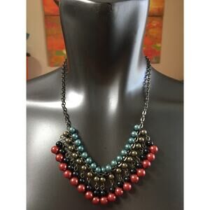 20" Beaded Cleopatra Necklace Blue Gray Pink Silver Gray Balls